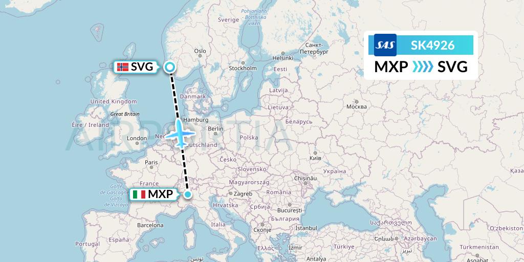SK4926 SAS Flight Map: Milan to Stavanger