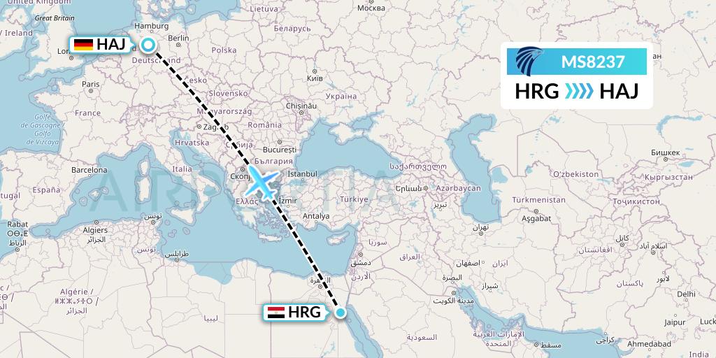 MS8237 EgyptAir Flight Map: Hurghada to Hannover