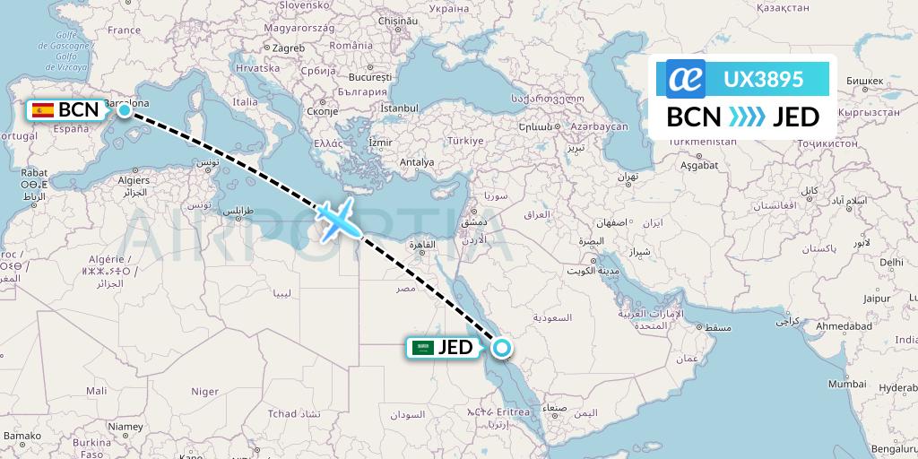 UX3895 Air Europa Flight Map: Barcelona to Jeddah
