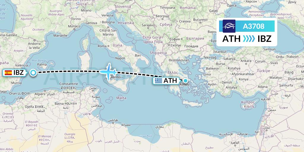 A3708 Aegean Airlines Flight Map: Athens to Ibiza