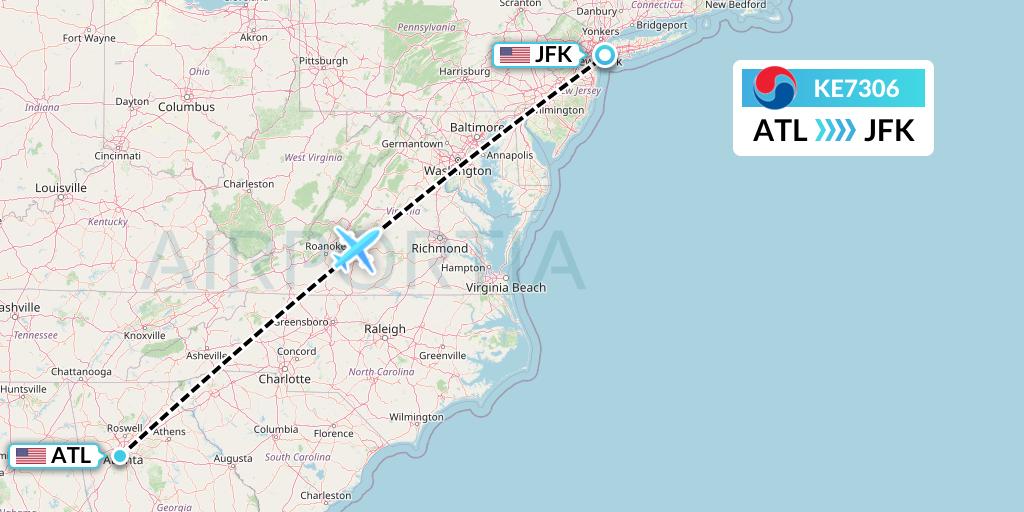 KE7306 Korean Air Flight Map: Atlanta to New York