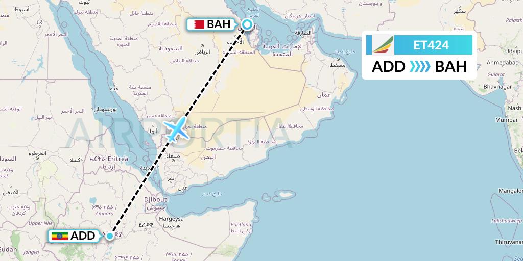 ET424 Ethiopian Airlines Flight Map: Addis Ababa to Bahrain