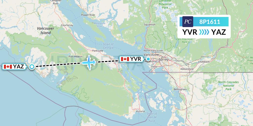 8P1611 Pacific Coastal Airlines Flight Map: Vancouver to Tofino
