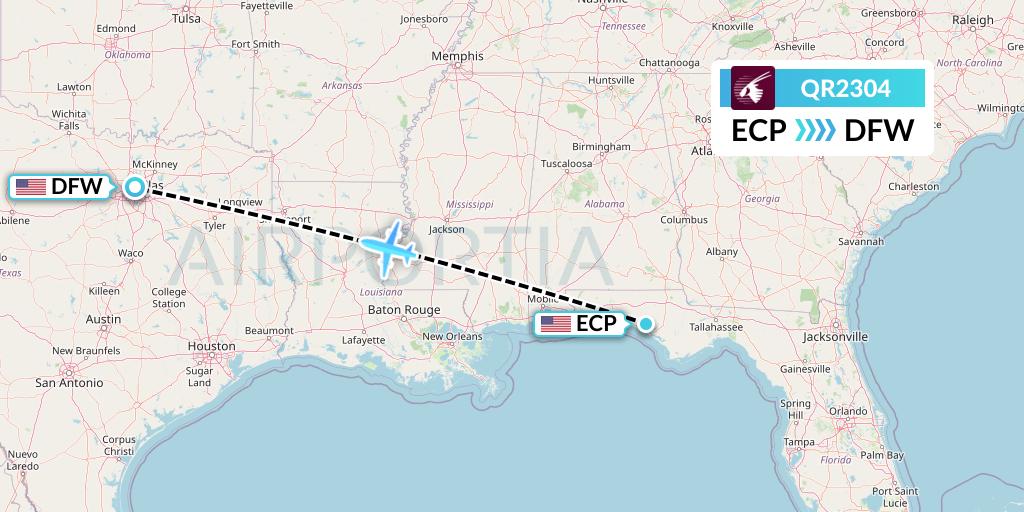 QR2304 Qatar Airways Flight Map: Panama City to Dallas