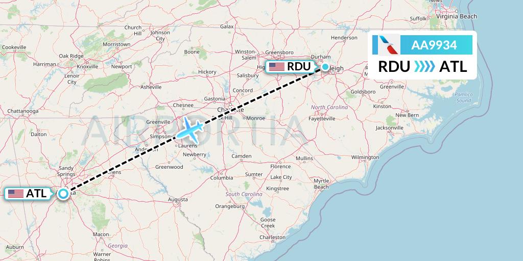 AA9934 American Airlines Flight Map: Raleigh-Durham to Atlanta