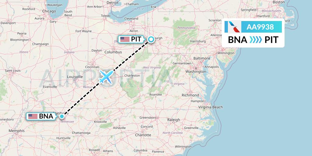 AA9938 American Airlines Flight Map: Nashville to Pittsburgh