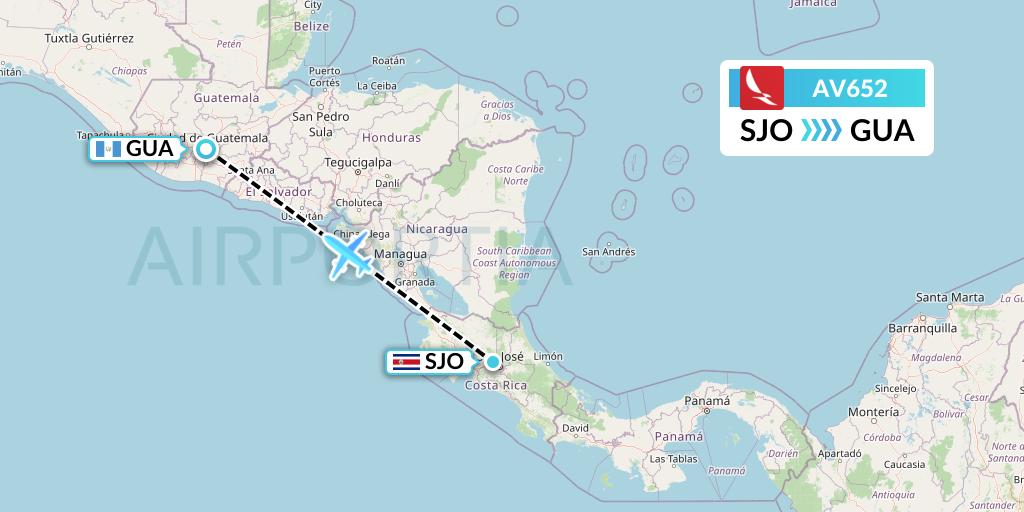 AV652 Avianca Flight Map: San Jose to Guatemala City