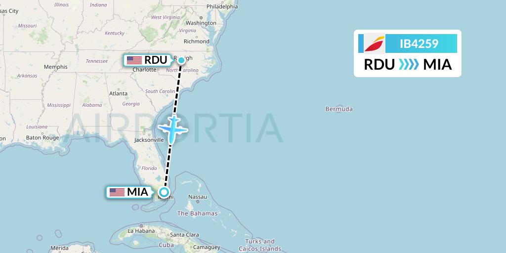 IB4259 Iberia Flight Map: Raleigh-Durham to Miami