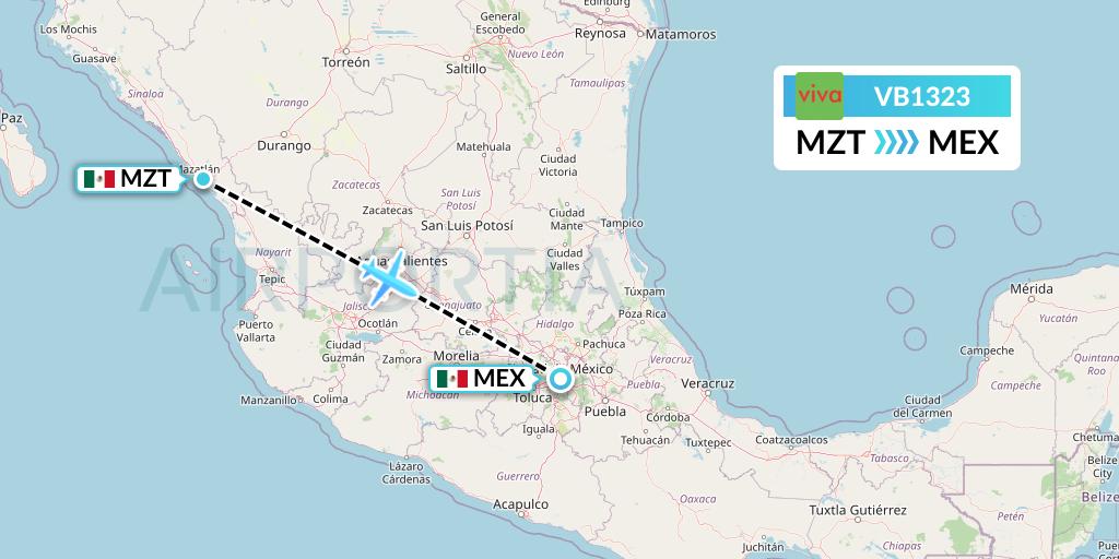 VB1323 VivaAerobus Flight Map: Mazatlan to Mexico City