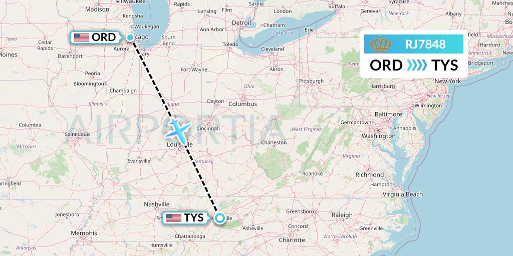 RJ7848 Royal Jordanian Flight Map: Chicago to Knoxville