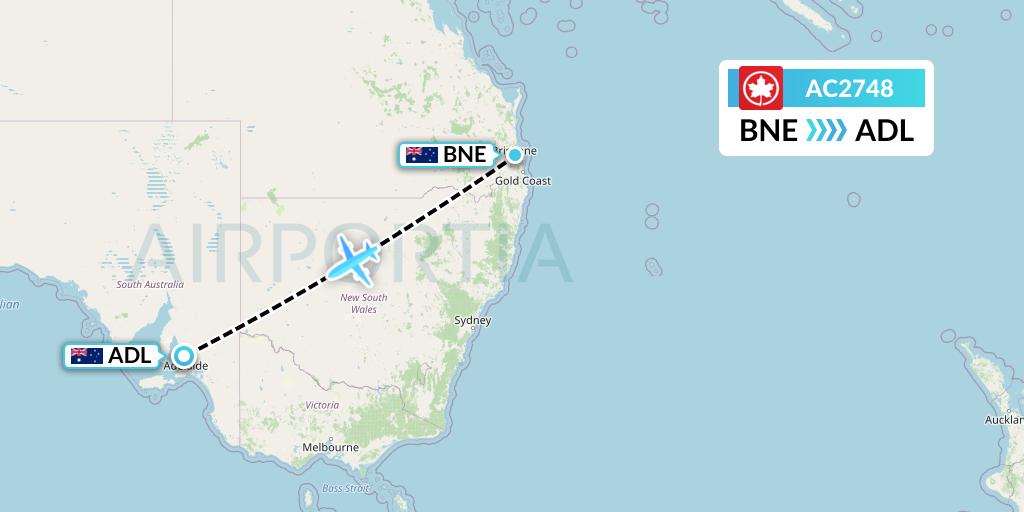 AC2748 Air Canada Flight Map: Brisbane to Adelaide