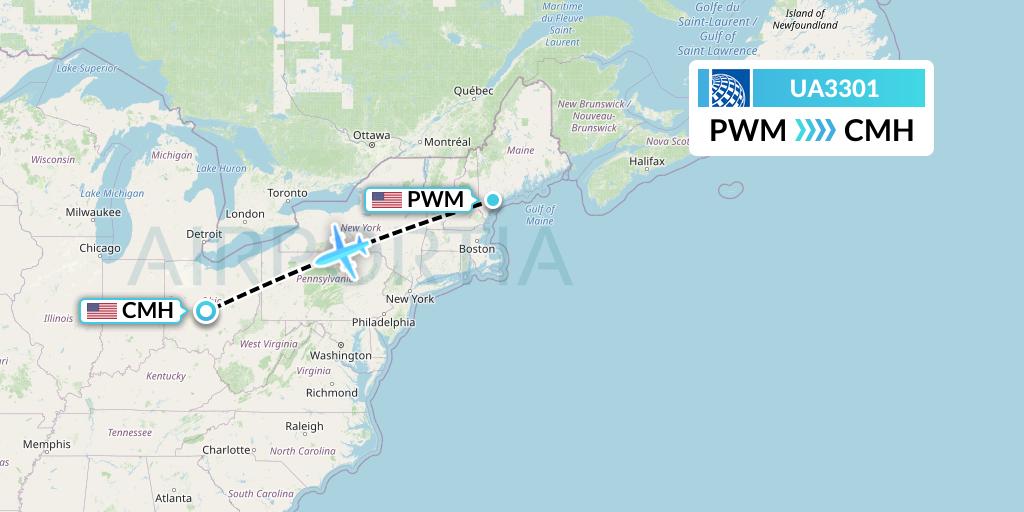 UA3301 United Airlines Flight Map: Portland to Columbus