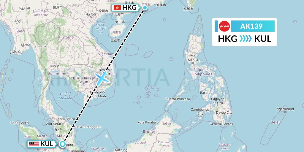 AK139 AirAsia Flight Map: Hong Kong to Kuala Lumpur