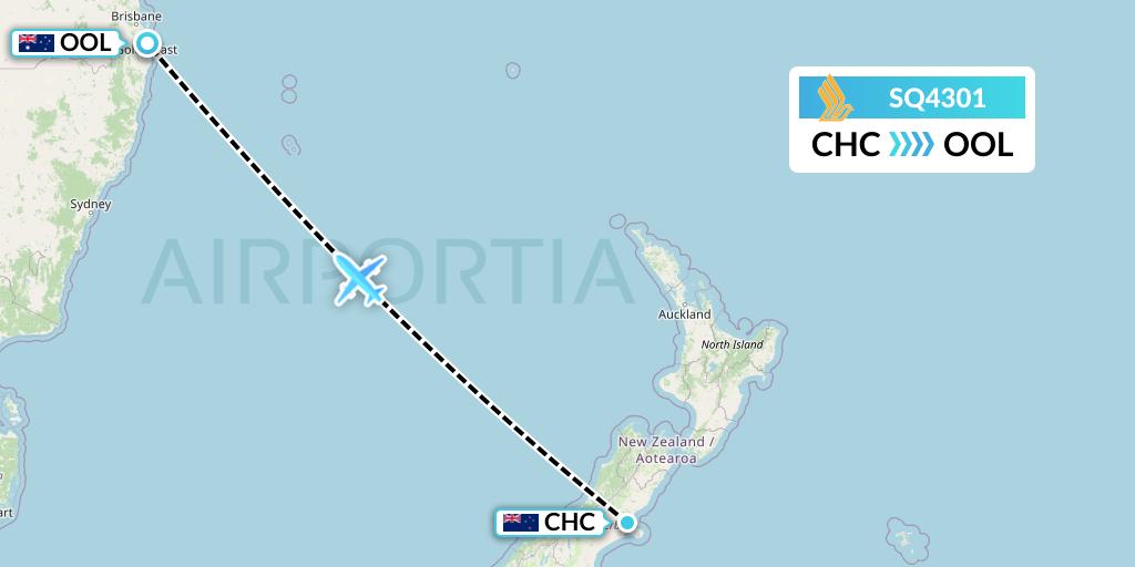 SQ4301 Singapore Airlines Flight Map: Christchurch to Gold Coast