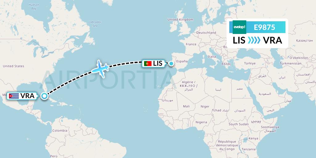 E9875 Evelop Airlines Flight Map: Lisbon to Varadero