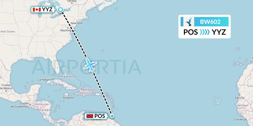 BW602 Caribbean Airlines Flight Map: Port of Spain to Toronto