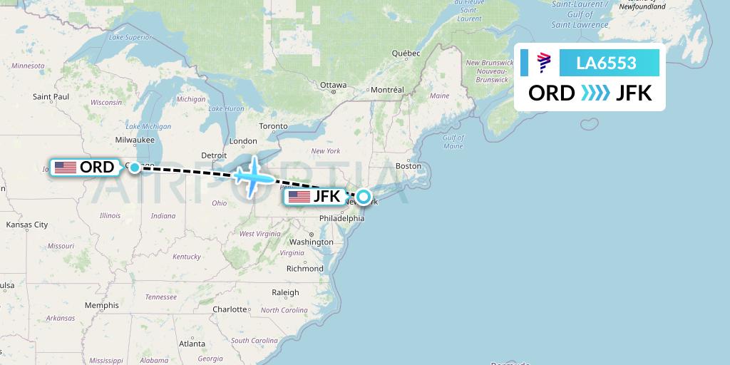 LA6553 LAN Airlines Flight Map: Chicago to New York