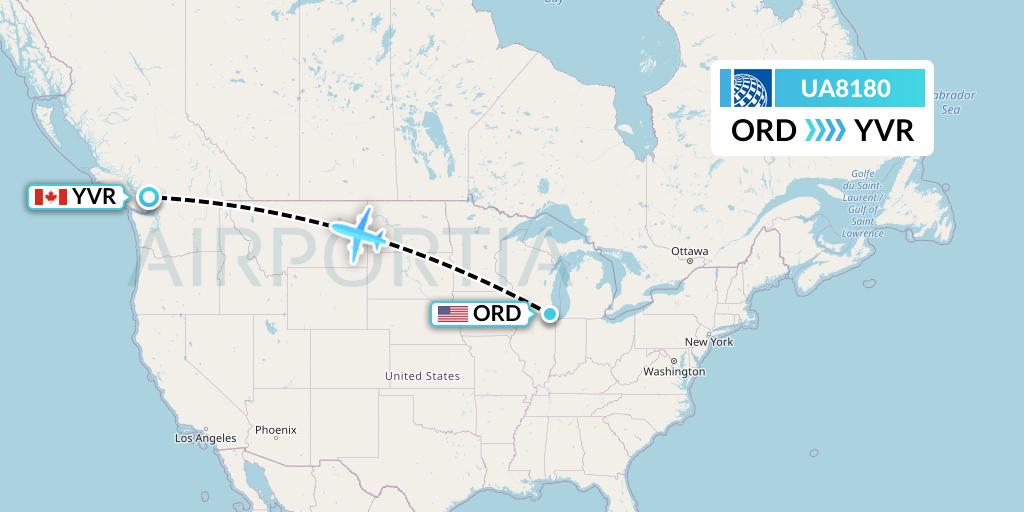 UA8180 United Airlines Flight Map: Chicago to Vancouver