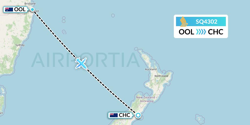 SQ4302 Singapore Airlines Flight Map: Gold Coast to Christchurch
