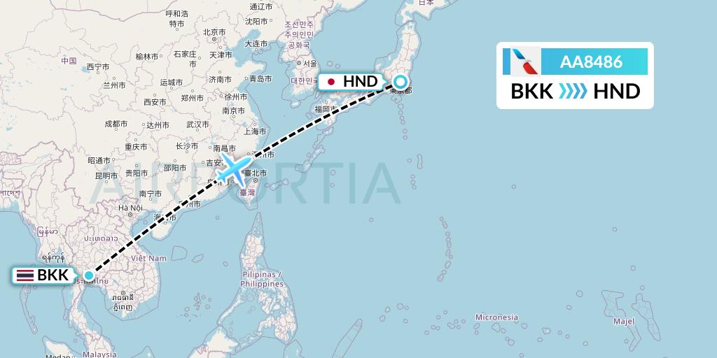 AA8486 American Airlines Flight Map: Bangkok to Tokyo