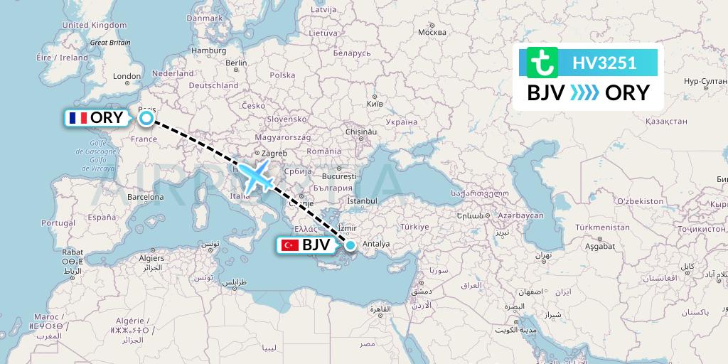 HV3251 Transavia Flight Map: Bodrum to Paris