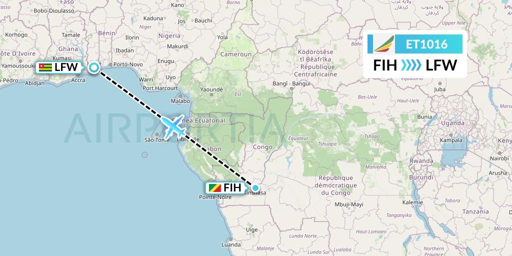 ET1016 Ethiopian Airlines Flight Map: Kinshasa to Lome