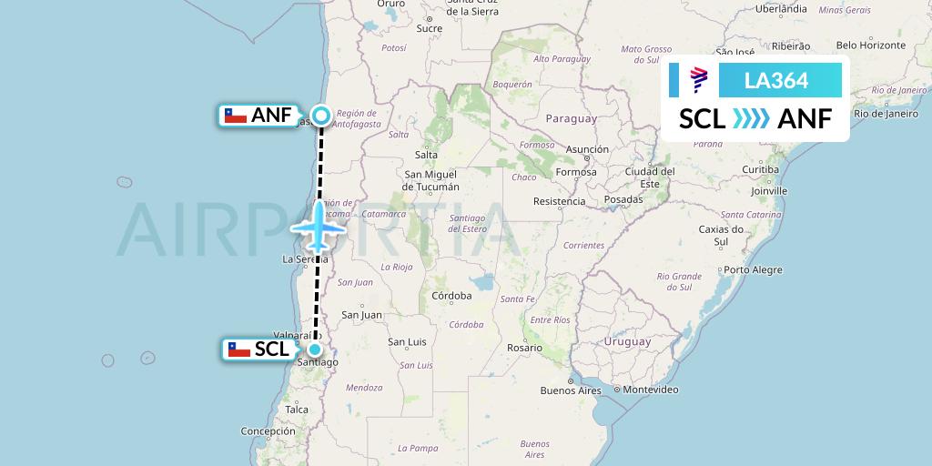 LA364 LAN Airlines Flight Map: Santiago to Antofagasta