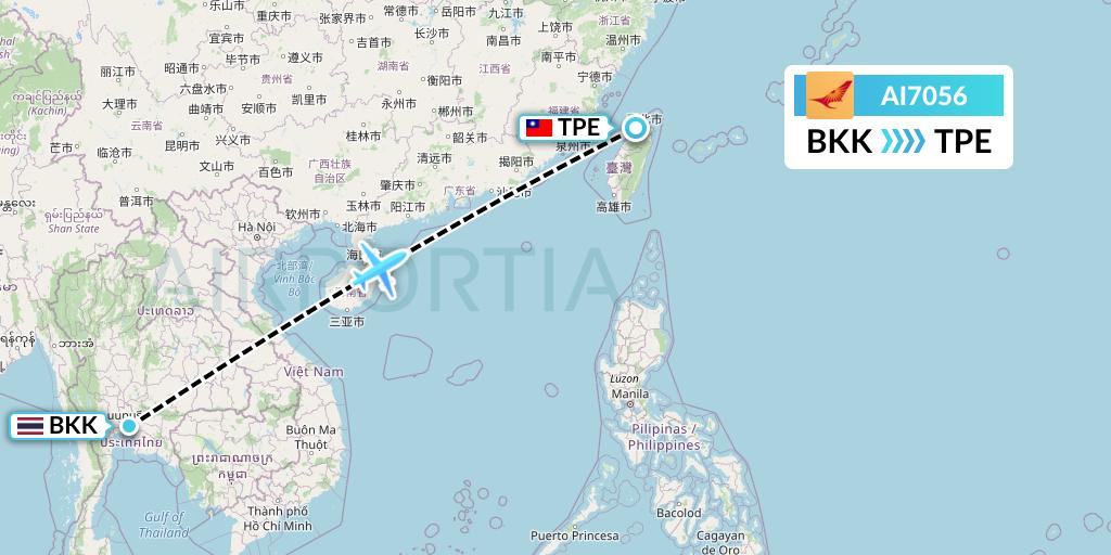 AI7056 Air India Flight Map: Bangkok to Taipei