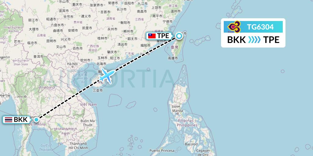 TG6304 Thai Airways Flight Map: Bangkok to Taipei