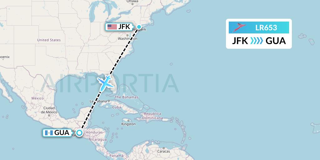 LR653 Lacsa Flight Map: New York to Guatemala City