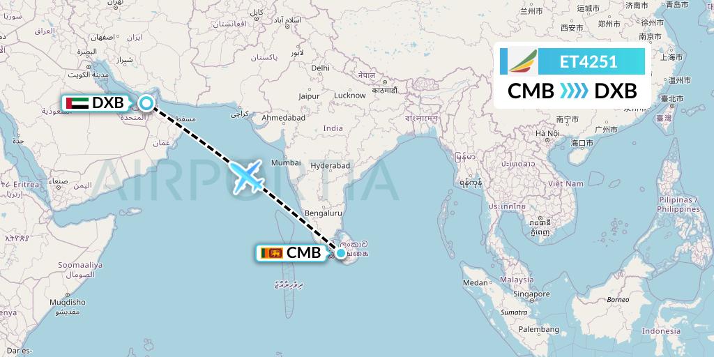 ET4251 Ethiopian Airlines Flight Map: Colombo to Dubai