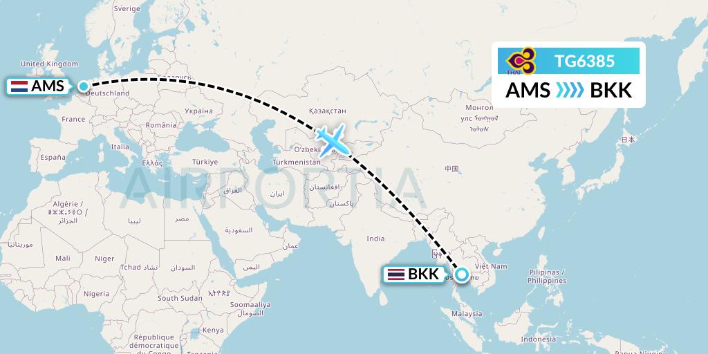 TG6385 Thai Airways Flight Map: Amsterdam to Bangkok