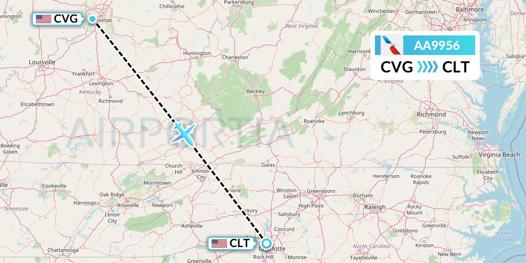 AA9956 American Airlines Flight Map: Cincinnati to Charlotte