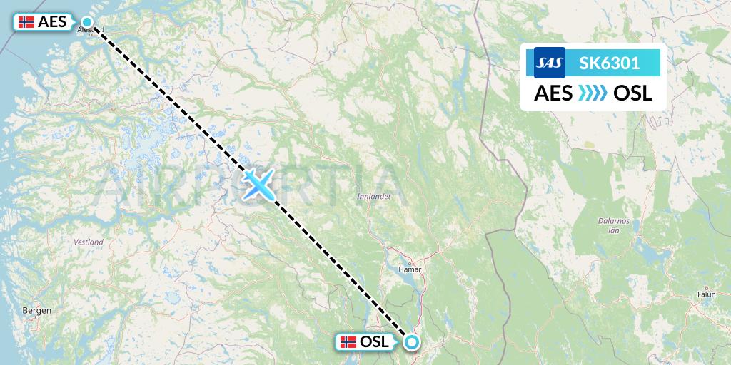 SK6301 SAS Flight Map: Alesund to Oslo