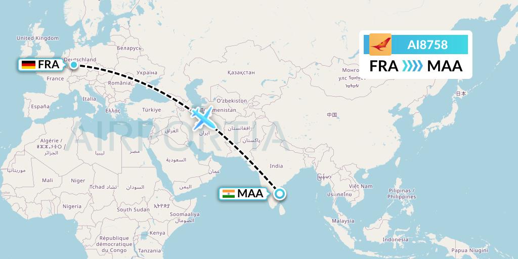 AI8758 Air India Flight Map: Frankfurt to Chennai