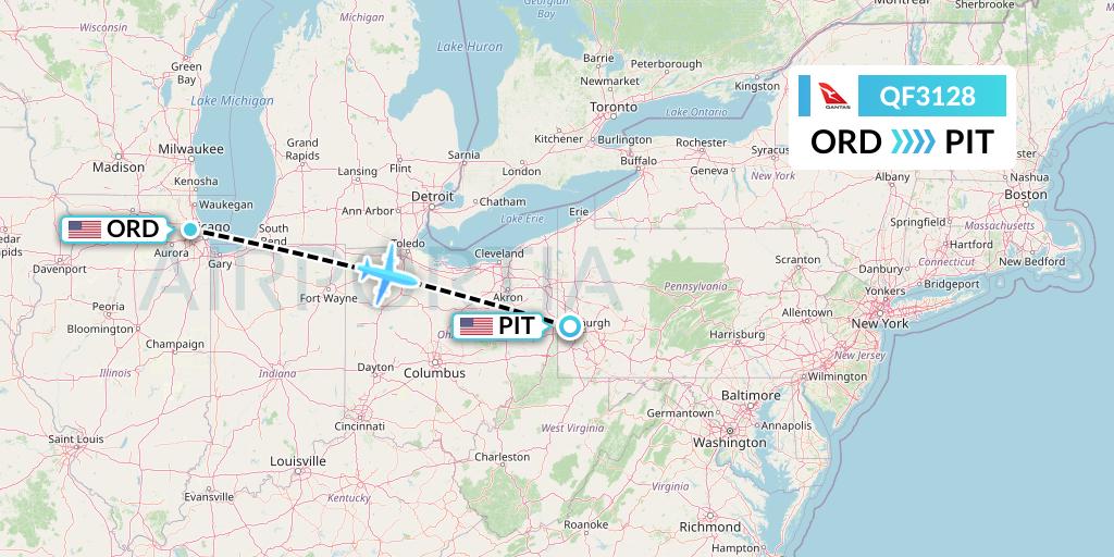 QF3128 Qantas Flight Map: Chicago to Pittsburgh