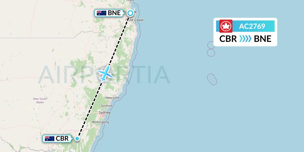 AC2769 Air Canada Flight Map: Canberra to Brisbane