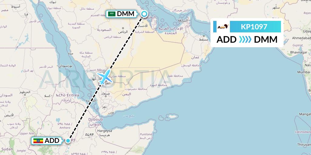 KP1097 ASKY Flight Map: Addis Ababa to Dammam