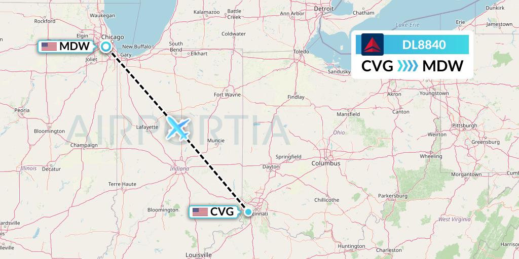 DL8840 Delta Air Lines Flight Map: Cincinnati to Chicago