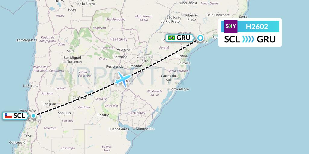 H2602 Sky Airline Flight Map: Santiago to Sao Paulo