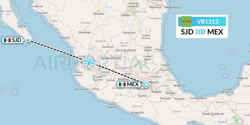 VB1213 VivaAerobus Flight Map: San Jose del Cabo to Mexico City