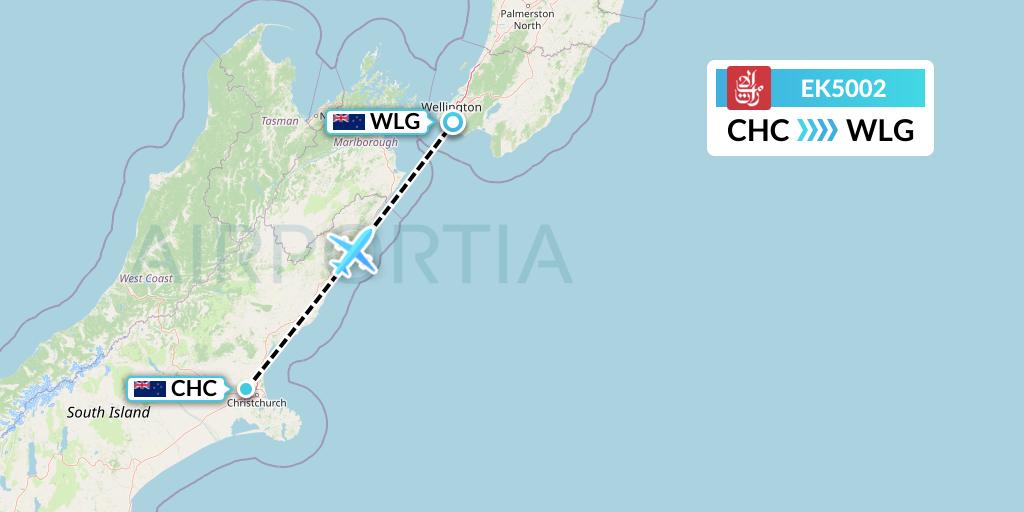 EK5002 Emirates Flight Map: Christchurch to Wellington