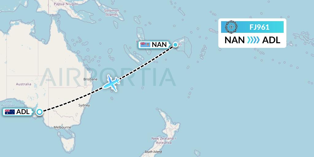 FJ961 Fiji Airways Flight Map: Nadi to Adelaide
