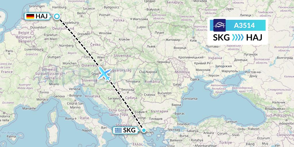 A3514 Aegean Airlines Flight Map: Thessaloniki to Hannover