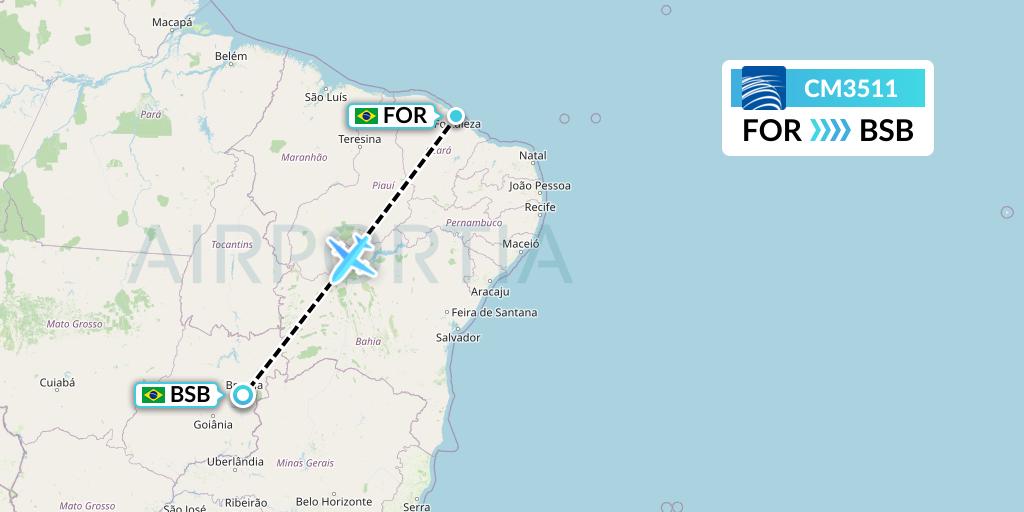 CM3511 Copa Airlines Flight Map: Fortaleza to Brasilia