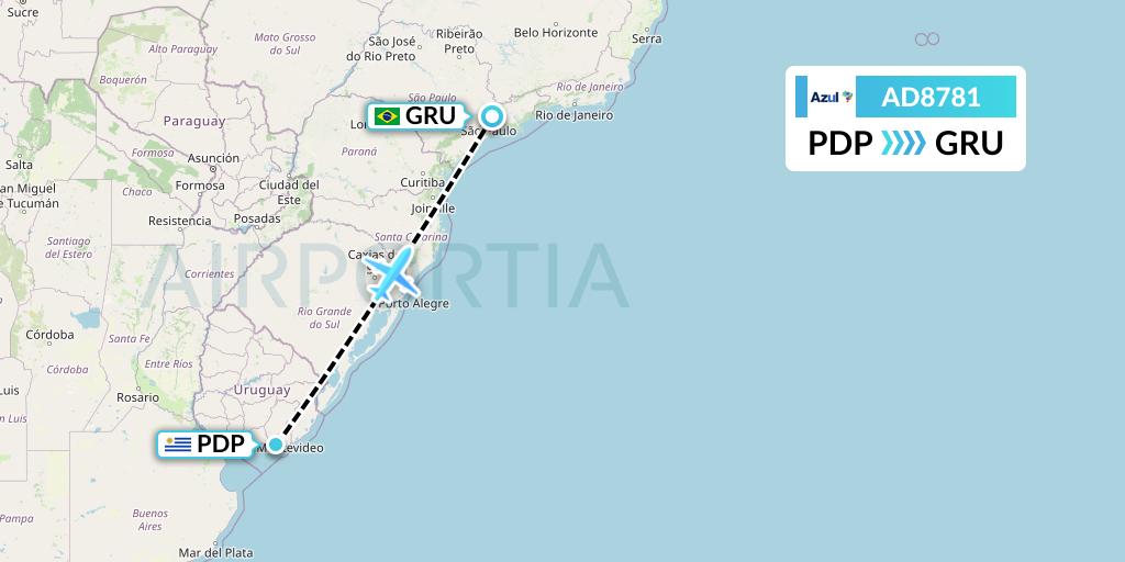 AD8781 Azul Brazilian Airlines Flight Map: Punta del Este to Sao Paulo