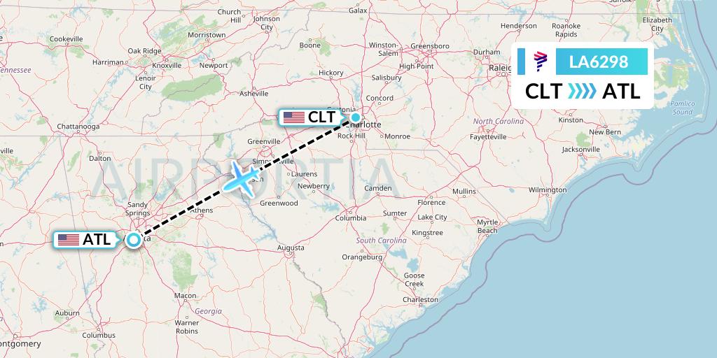 LA6298 LAN Airlines Flight Map: Charlotte to Atlanta