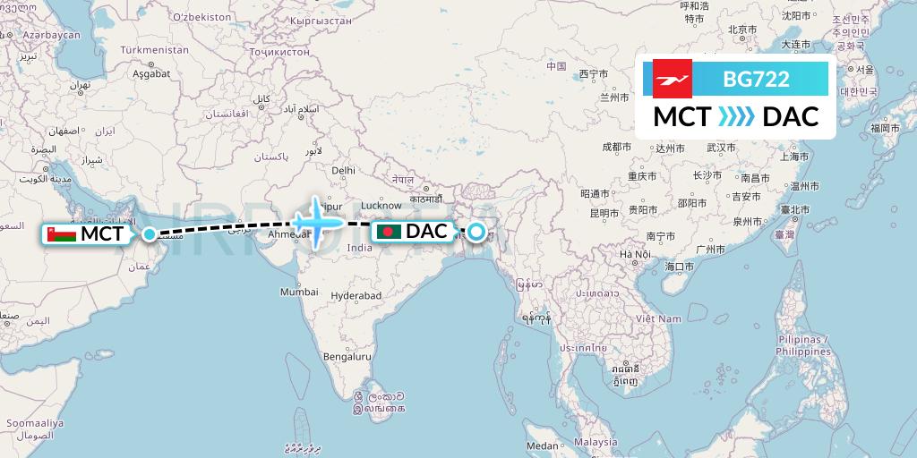 BG722 Biman Bangladesh Airlines Flight Map: Muscat to Dhaka