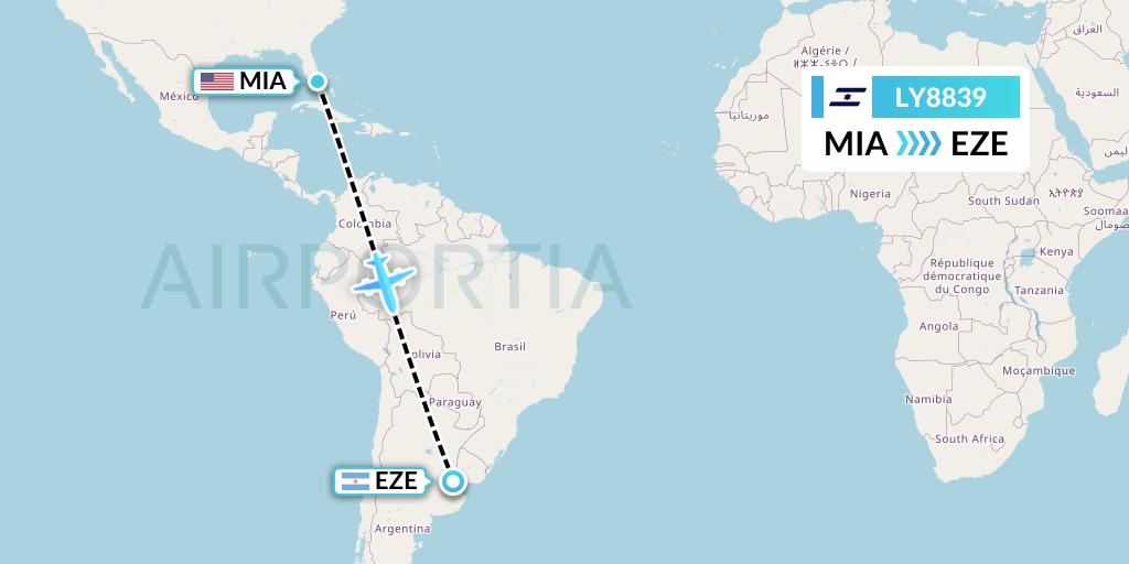 LY8839 El Al Flight Map: Miami to Buenos Aires