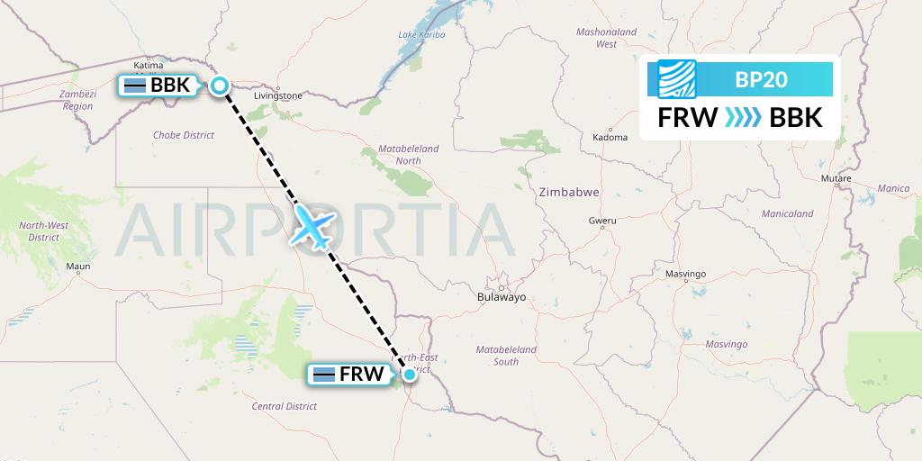 BP20 Air Botswana Flight Map: Francistown to Kasane